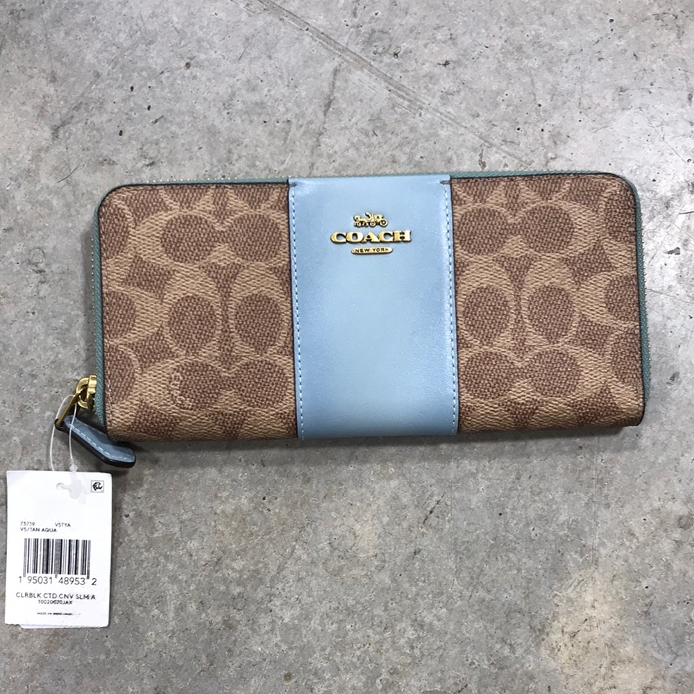 Coach Zip-Around Signature Wallet in Brown & Light Blue